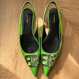 Balenciaga Green Satin Slingback Flats, 37